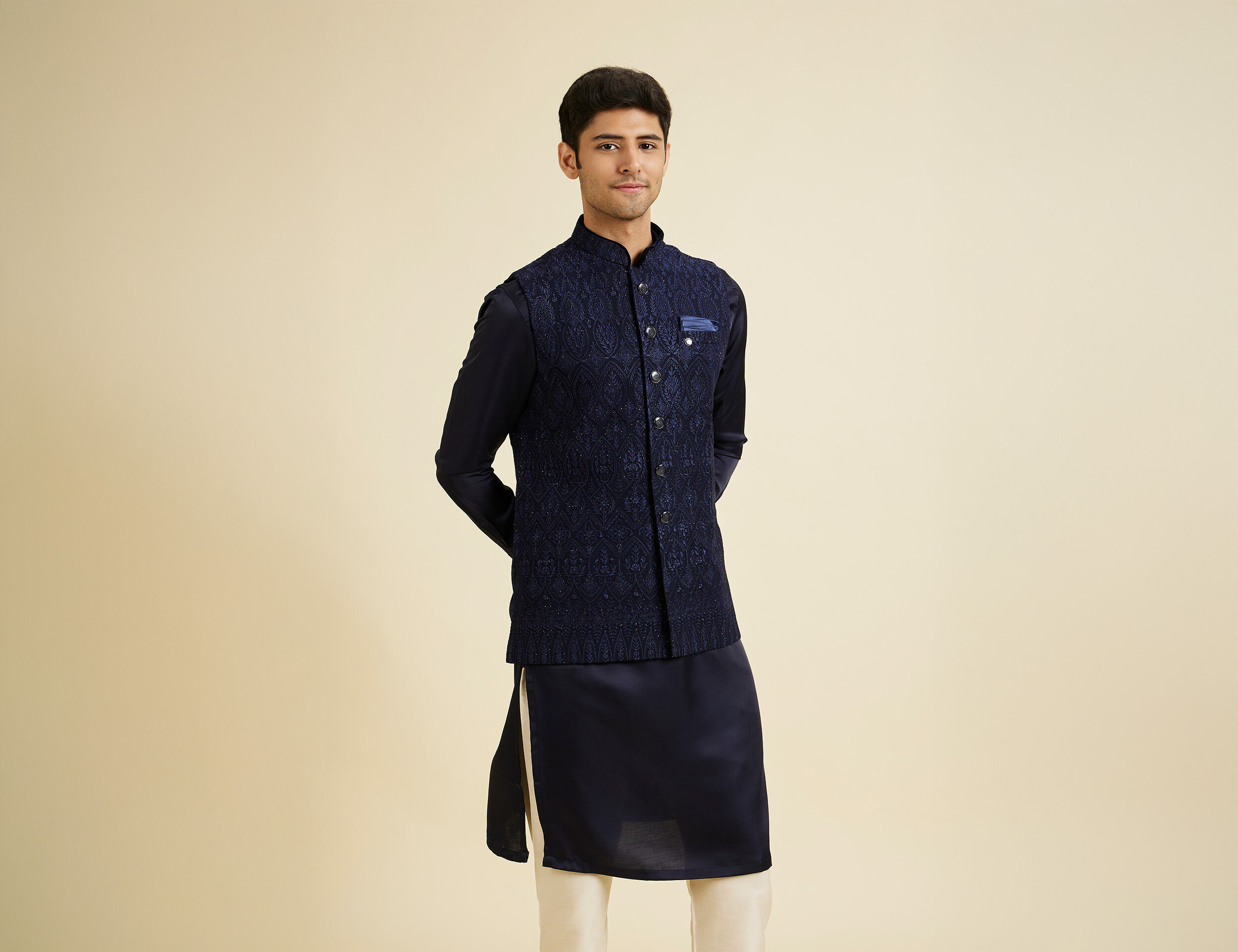 Men wearing Navy blue kurta jacket set